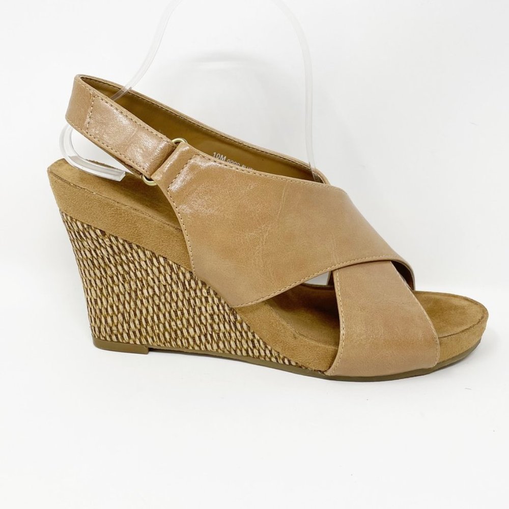 Aerology Wome Tan Vegan Leather Hook & Loop Wedge Heel Sandal Size 10